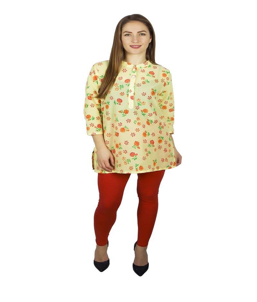Flower Printed Stylish Yellow Cotton Short Kurti