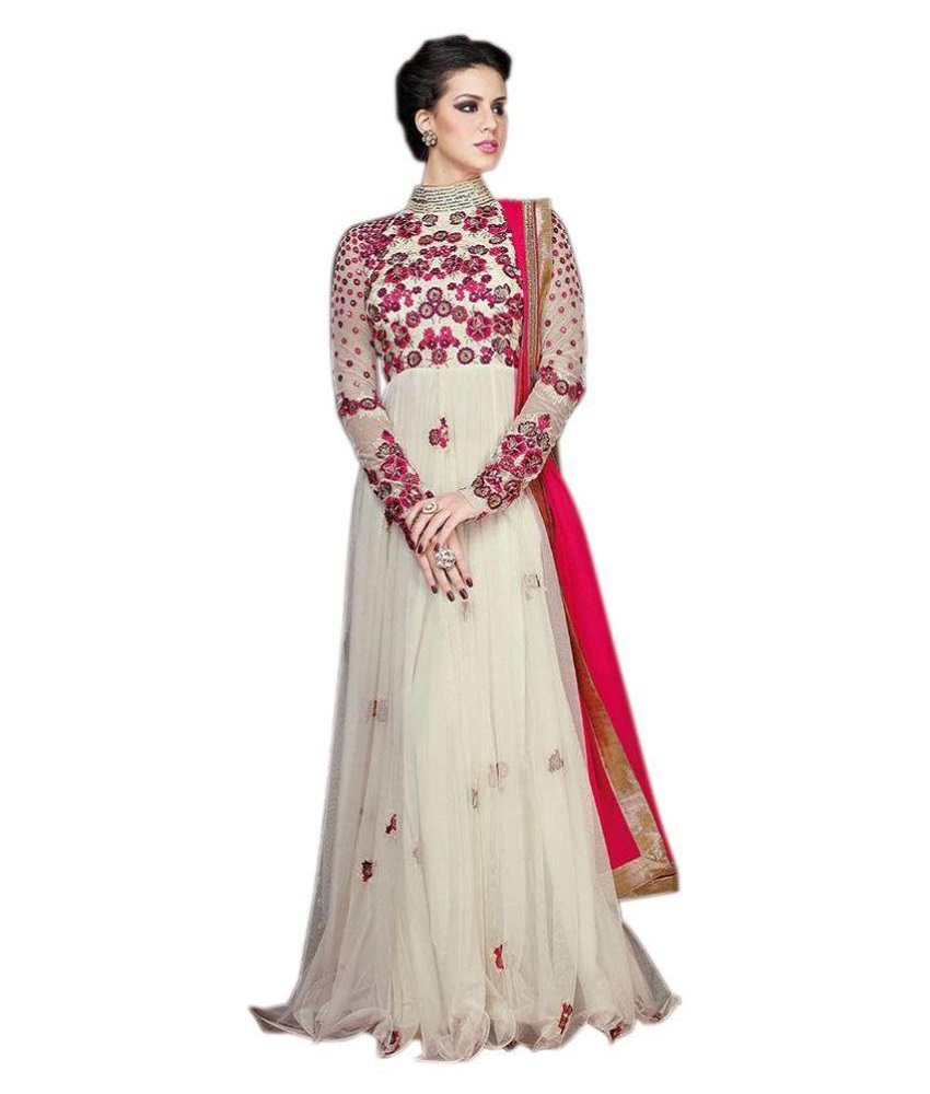 Thankar White Net Anarkali Gown Semi-Stitched Suit