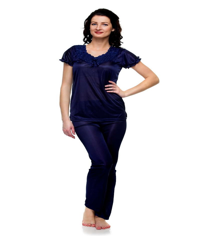 Satin Lycra Solid Lace Work Night Wear